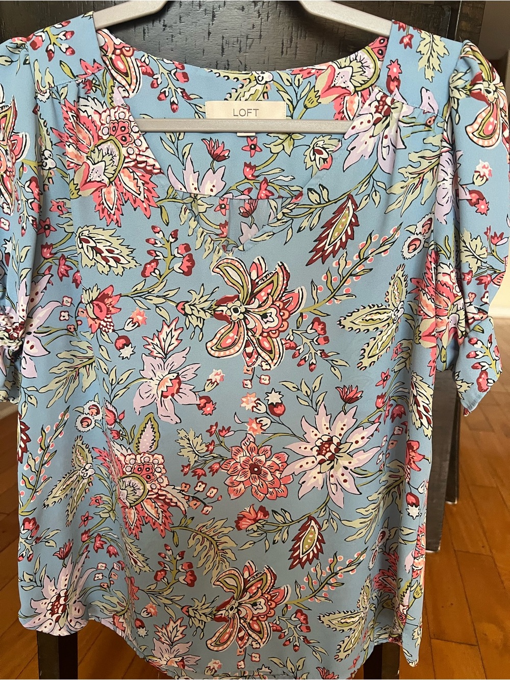 LOFT Sky Blue Floral V-Neck Blouse with Pink & Red Accents